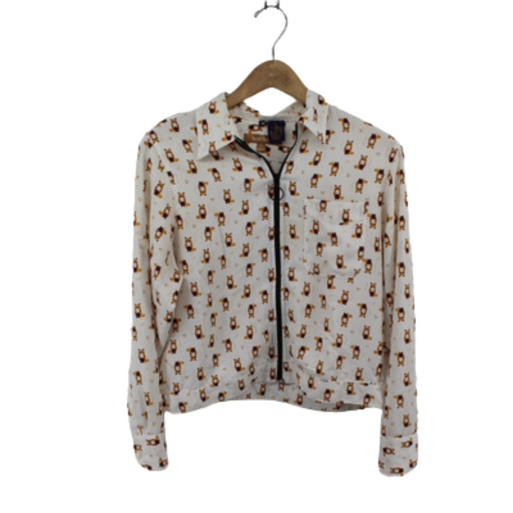 Ellen Tracy Blouse Womens S/M Fox Print White Zip Front Long Sleeve Animal Print